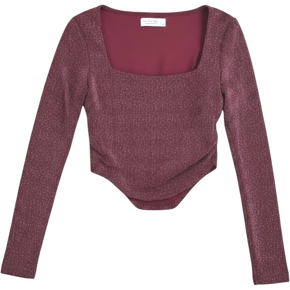 Vanilla Star Ruched Top Womens Burgundy Shimmer Sweetheart Long Sleeve Crop L